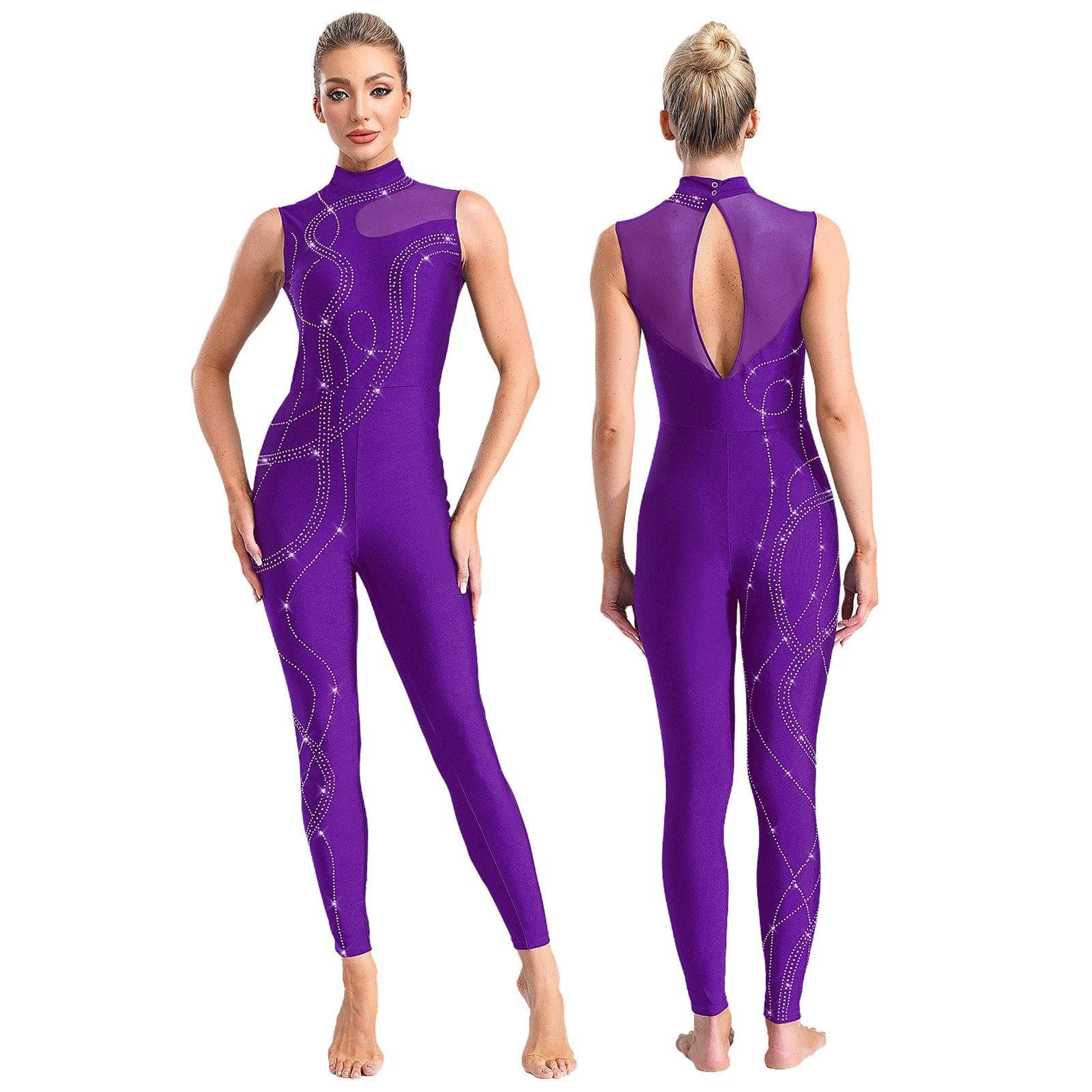 Womens Shiny Rhinestones Gymnastics Figure Skating Ballet Dance Unitards Tight Fitting Jumpsuit Performance Bodysuit Costume XL purple