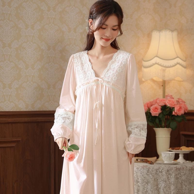 Women's Long-Sleeve Cotton Nightdress - French Lace, Princess Style, Versatile for Indoors/Outdoors, Perfect for Autumn/Winter. M light pink