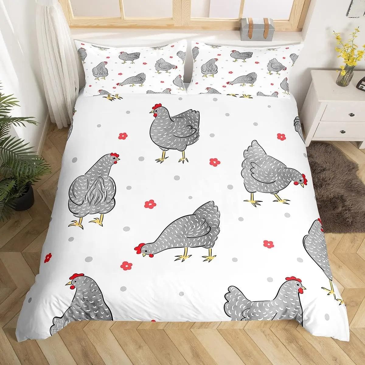 Cute Chicken Duvet Cover King Queen Colorful Rooster Bedding Set Farm Animal Comforter Cover Funny Rustic Farmhouse Quilt Cover EU Double 200x200cm