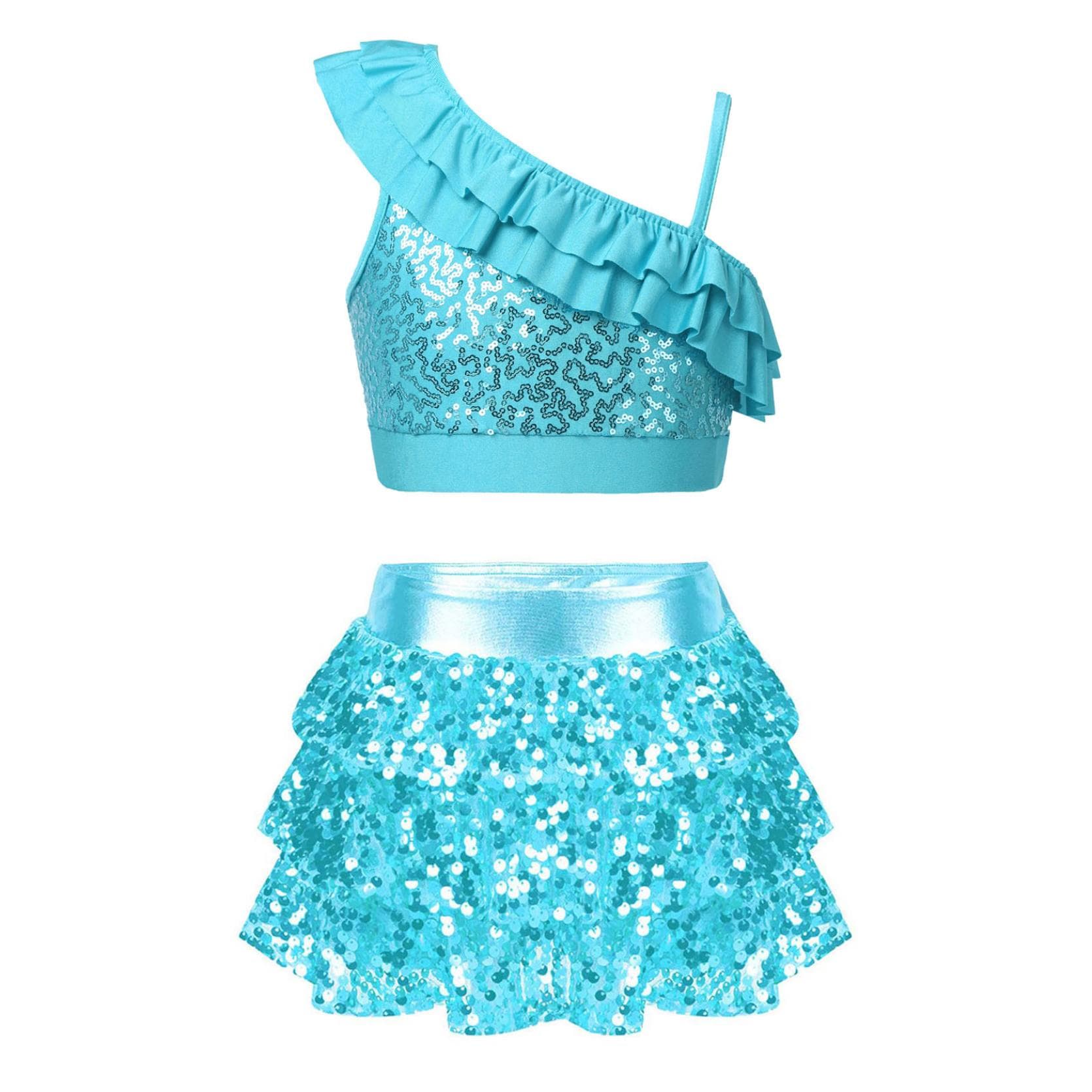 Girls Dance Performance Outfit Asymmetrical Shoulder Straps Sequin Crop Top with Ruffle Skirted Shorts Ballet Dancewear 7-8 Years light blue