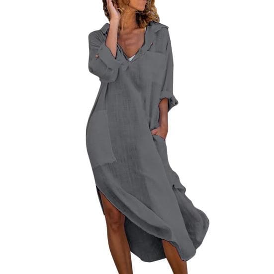 Women Summer Lapel V neck Shirt Dress Solid Color Pockets Design Side Split Loose Fit Thin Midi Dress Beach Holiday Dress M dark gray
