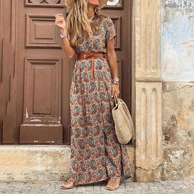 Women Boho Floral Dress Summer Casual V Neck Short Sleeve Paisley Printed Belt Dress 2023 Ladies Beach Party Big Hem Maxi Dress XXL brown