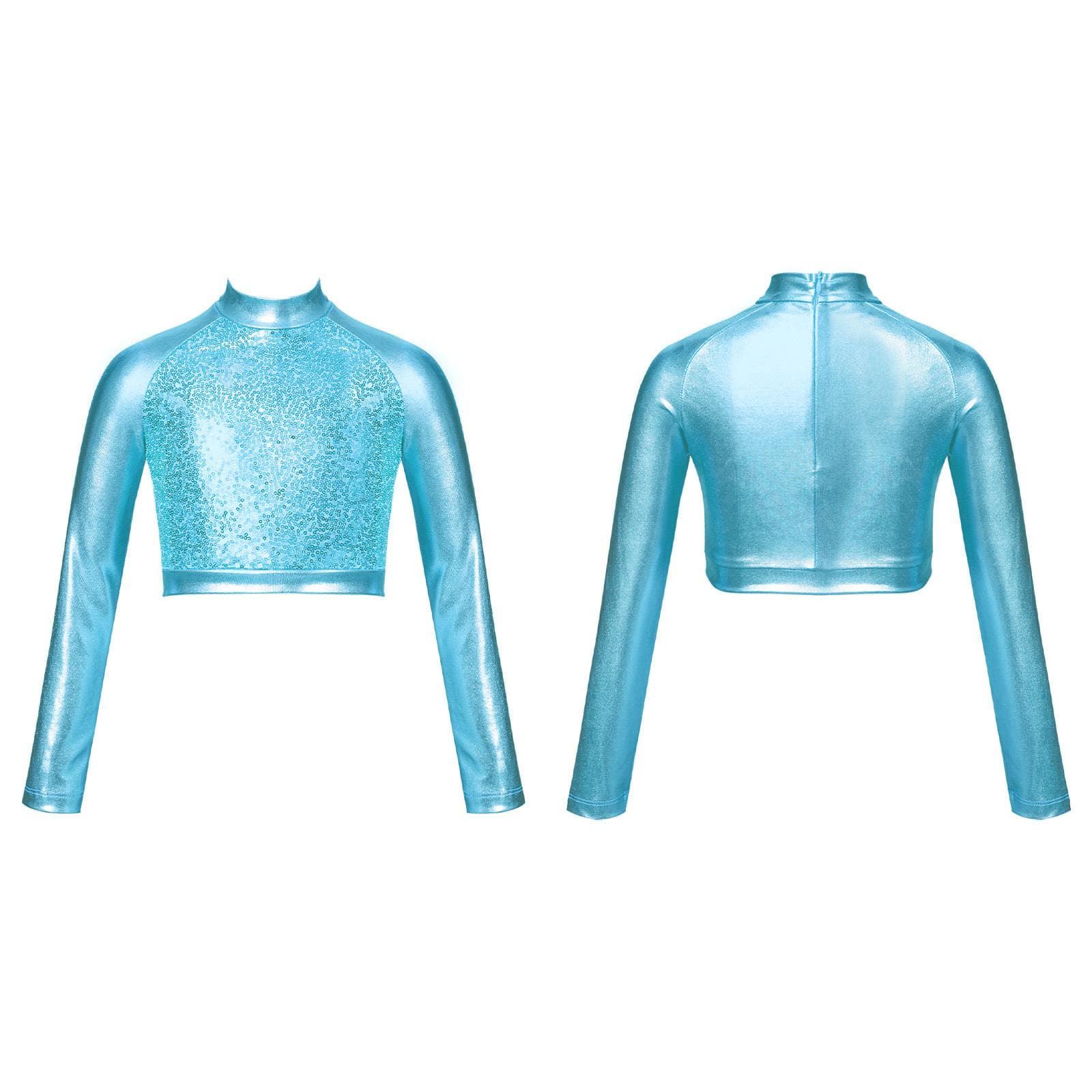 Kids Girls Shiny Metallic Long Sleeve Mock Neck Crop Tops for Dancing Stage Performance 7-8 Years turquoise