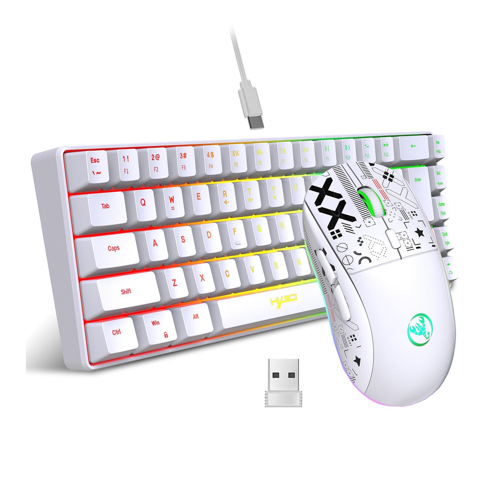 HXSJ Keyboard and Mouse Combo Wired K68 RGB Streamer Mini Gaming Keyboard Membrane Keyboard and white