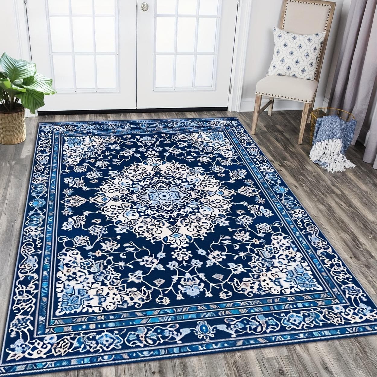 Classic Carpet with Exotic Ethnic Patterns in Shades of Blue, for Various Spaces Like Living Room, Bathroom, Kitchen, Bedroom 40x60cm