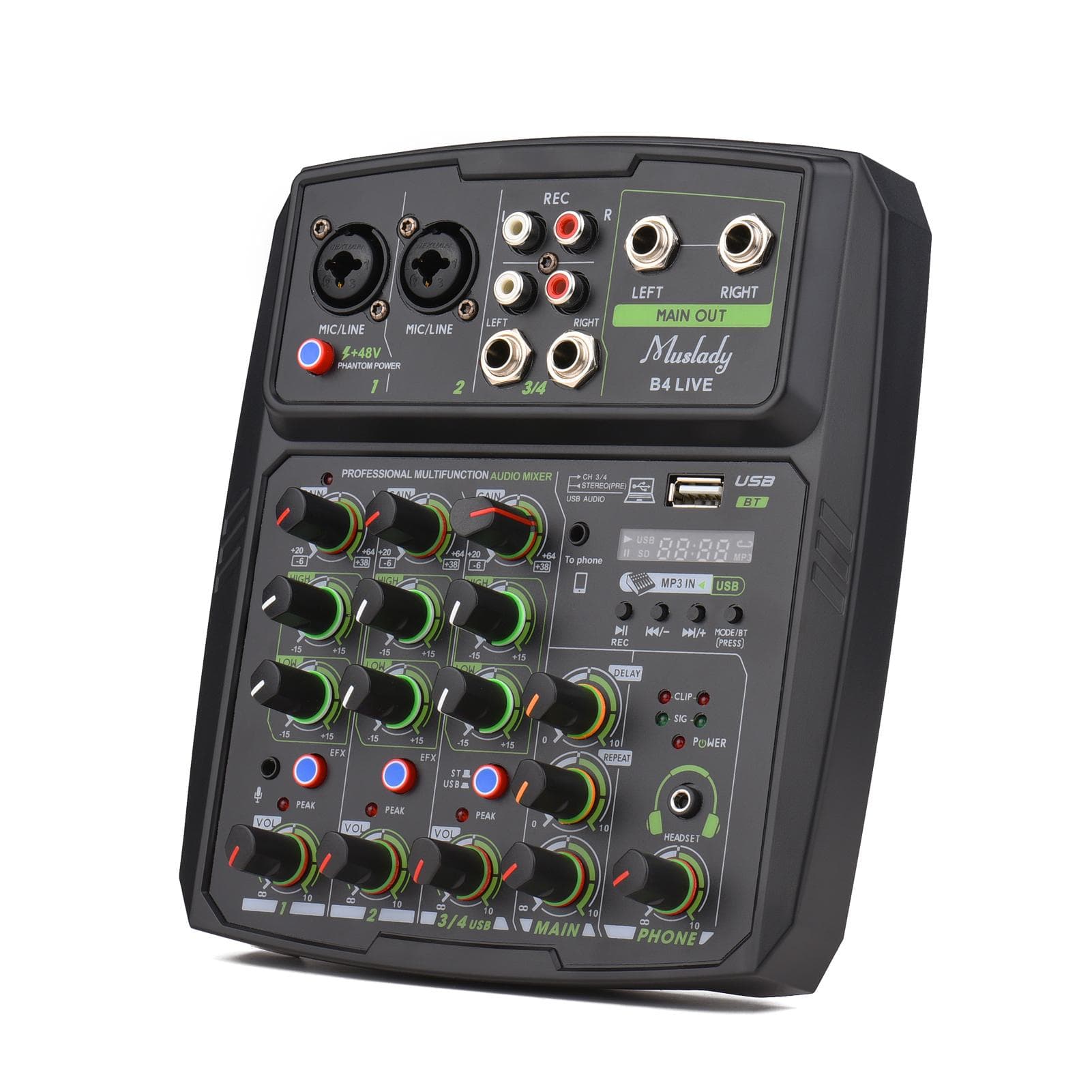 Muslady 4-Channel Audio Mixer Mixing Console LED Screen Built-in Soundcard USB BT Connection with EU Plug