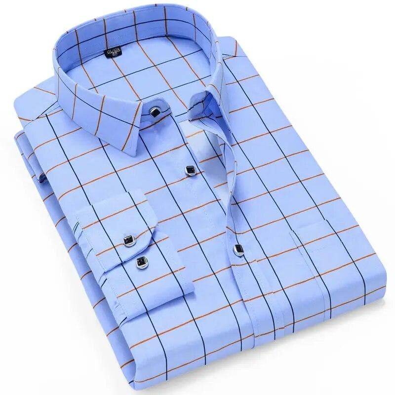 Thin Long Sleeve Printed Shirt Men's Korean Slim Fit Plaid Shirt Casual Business Dress Shirts Fashion Striped Streetwear Tops 5XL sky blue