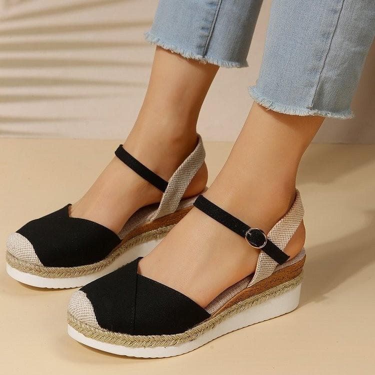 Wedge Heel Colored Casual Sandals Shoes For Women Elegant Round Toe Thick Sole Summer Sandals 36 black