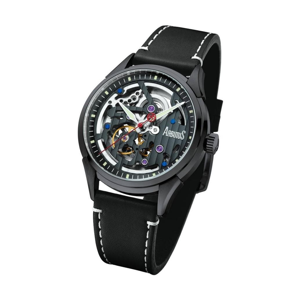 Arbutus Wall Street Leather Strap Black Skeleton Dial Automatic AR1801BBB Men's Watch black