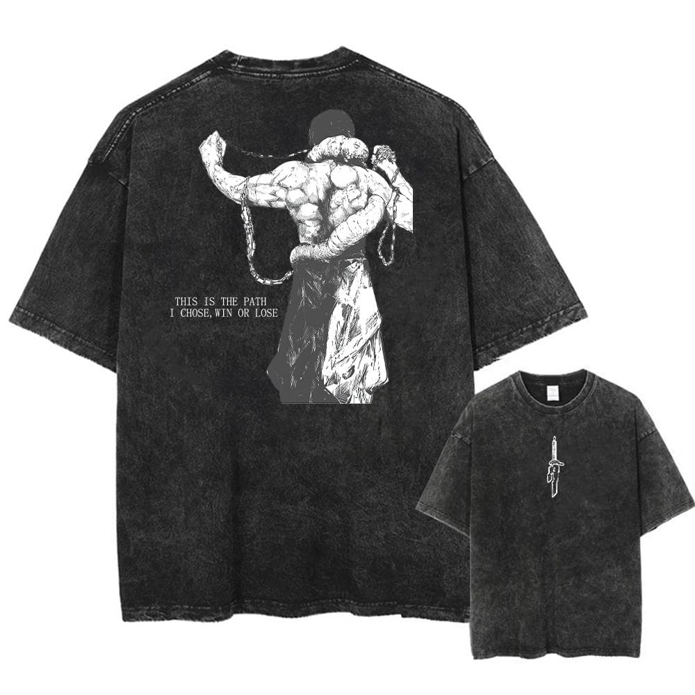 Men Streetwear Washed Acid Oversized T Shirt Japanese Anime Retro Worn Graphic Print T-Shirt Short Sleeve Tees M