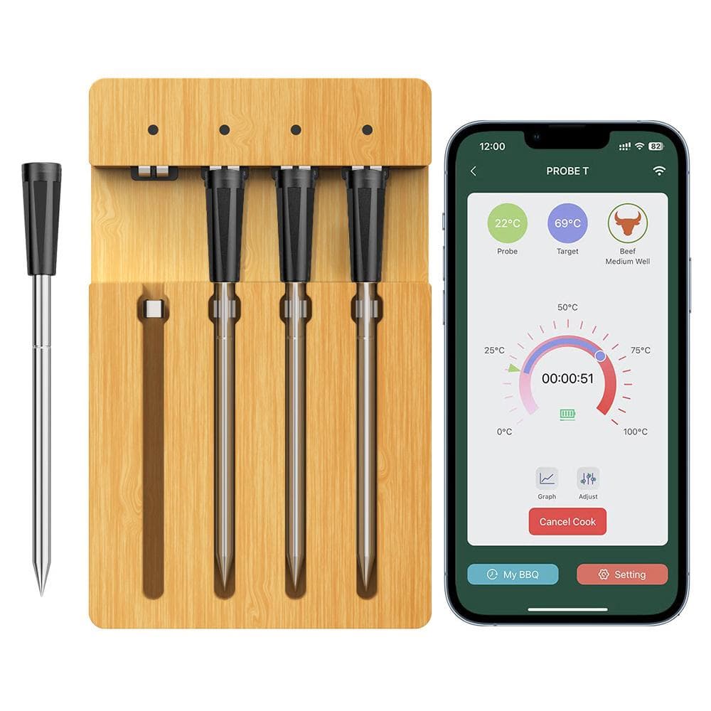 98FT Wireless Meat Thermometer BT Smart APP Control 4 Probes Meat Thermometer for Grilling and brown
