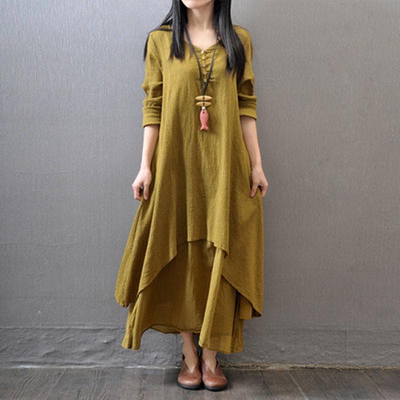 New Spring and Autumn Women's Long Skirt Linen Dress Loose Long-sleeved Cotton and Linen Dress XXL yellow