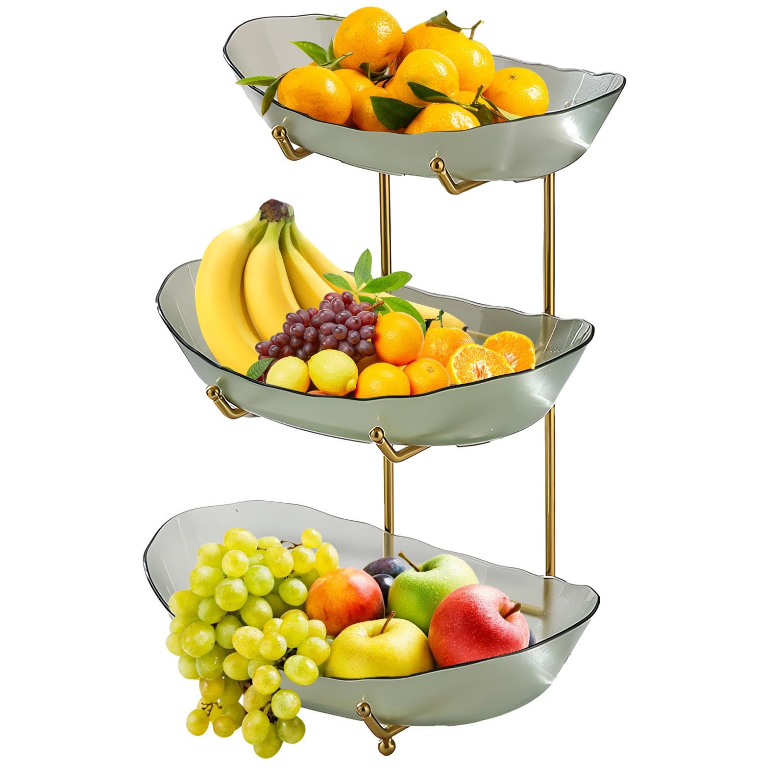 Fruit Bowl for Kitchen Counter 3 Tier Acrylic Fruit Basket with Serving Bowls and Metal Stand 3 Tier green