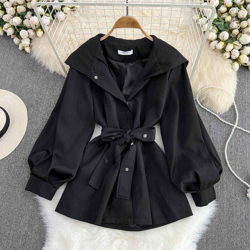 Hooded Trench Coat Women's Autumn and Winter Short Casual Design Feel Waist Jacket Women's Wear XL black