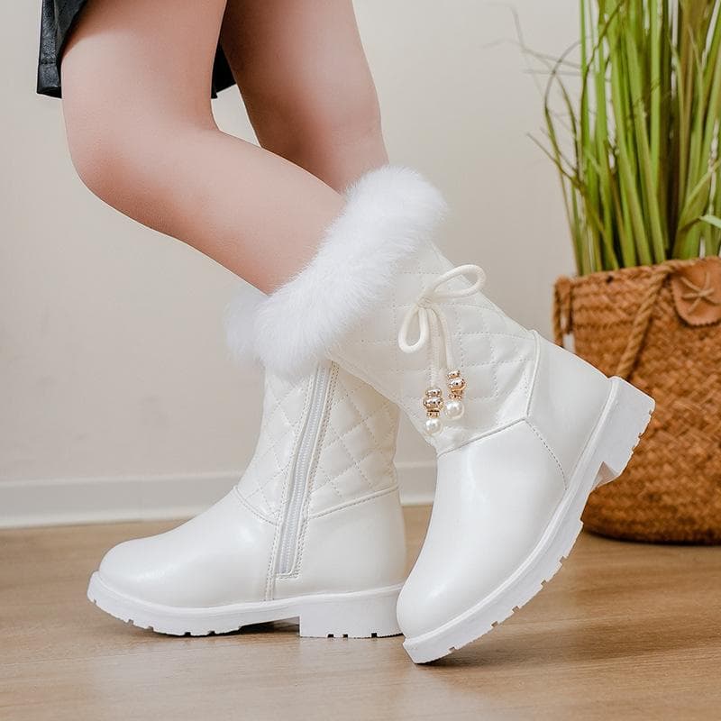 Children's Boots Autumn and Winter New Korean Style Girls' Snow Boots, Medium and Large Children's Warm Princess Leather Boots, Mid-calf Boots 37 white