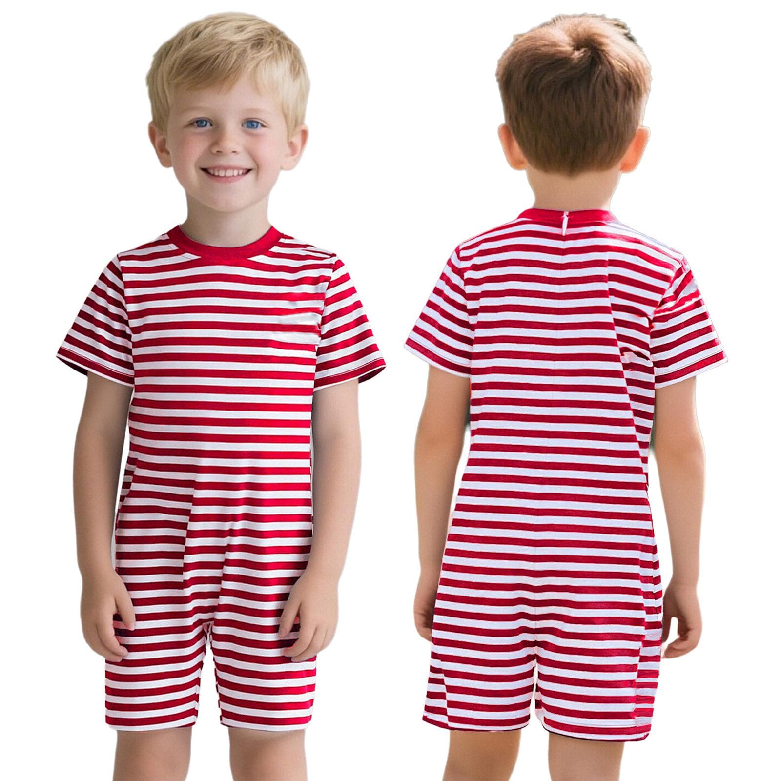 Unisex Kids Special Needs Adaptive Jumpsuit: Round Neck Short Sleeve, Thigh-Length, Anti-Strip Back Invisible Zipper, Striped 9-10 Years red