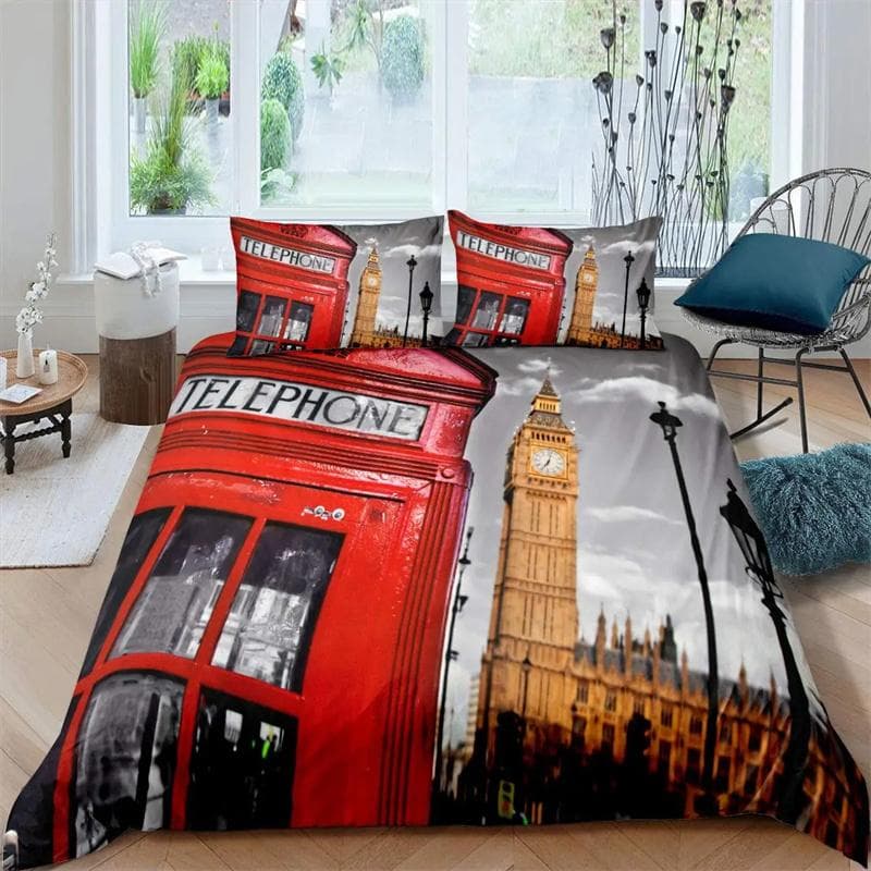 London Telephone Booth King Queen Duvet Cover The Big Ben Bedding Set Retro United Kingdom Quilt Cover Red Grey Comforter Cover 135X200cm-2pcs