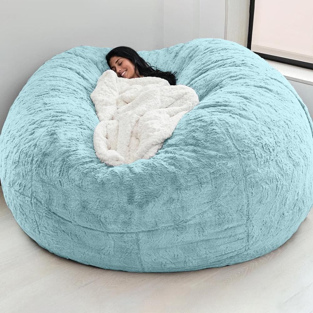Home Sponge Bed Bean Bag Chair Cover Slipcover Double Bedroom Balcony Large Couch Round Soft Fluffy sky blue