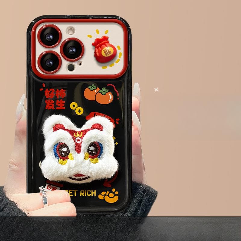 Applicable To Apple 15 Mobile Phone Case IPhone 13/14promax Plush Lion Dance Lanyard 11/12 Flip Mirror Xr iPhone 6s Plus