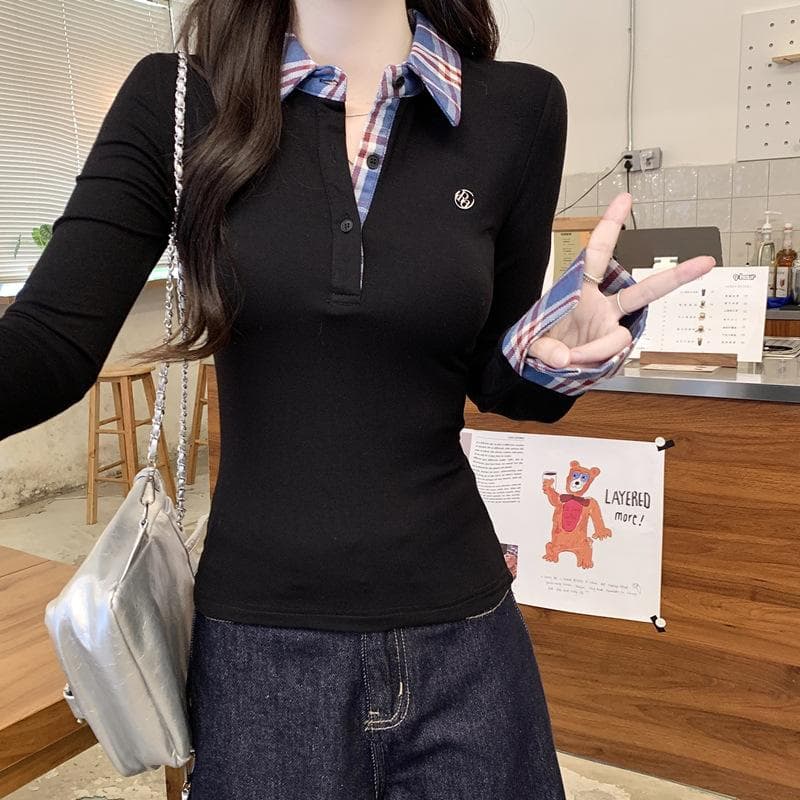 POLO Collar Checked Long-sleeved T-shirt for Women In Spring New Large Size Fat MM Slim Fit and Slim Fake Two-piece Top XL black