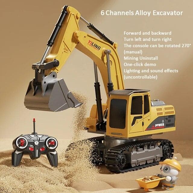 New Alloy Remote Control Excavator Toy Car with Lights Sound Effect Electric Excavator Automobile Engineering Vehicle Children Gifts Basic model 6 channels yellow