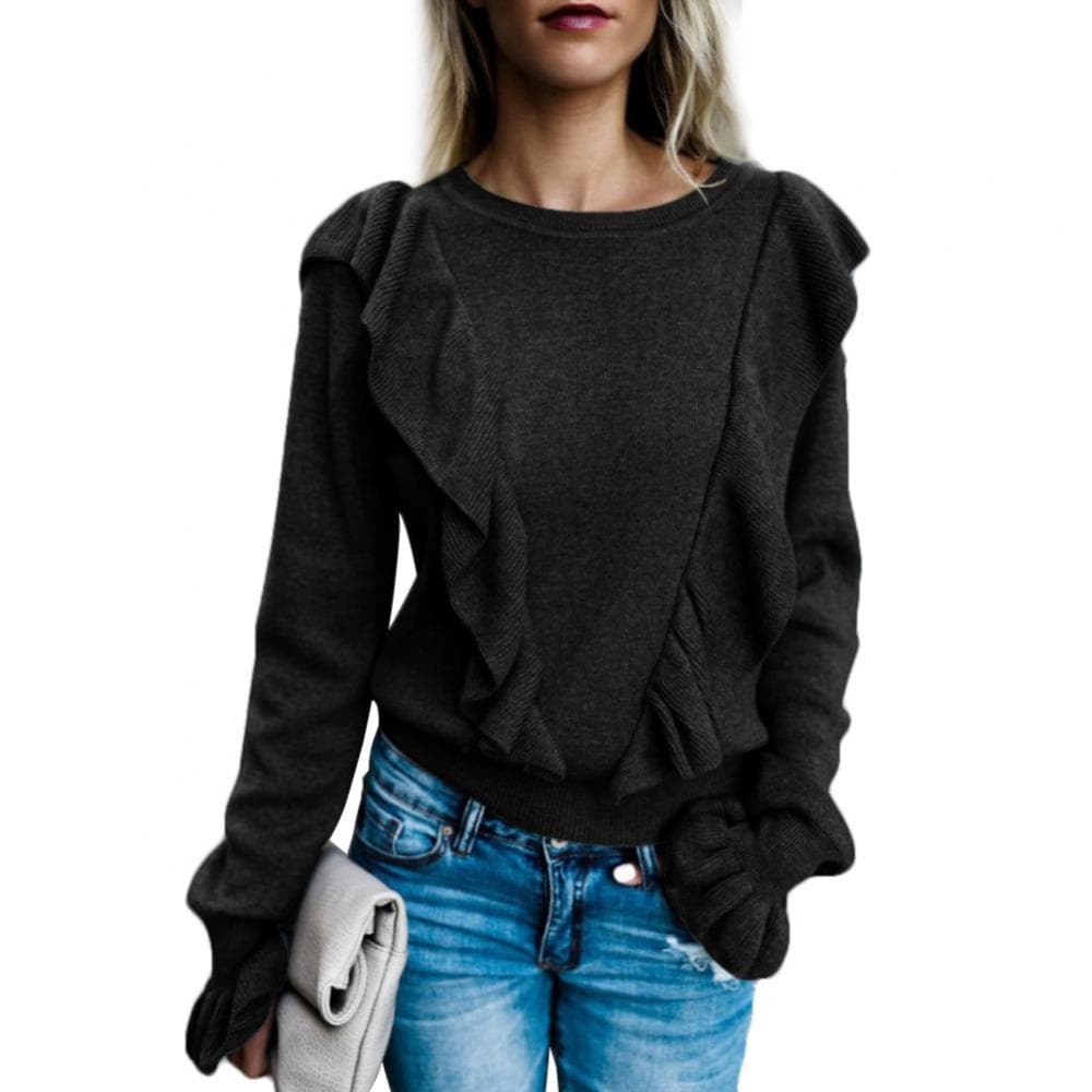 Fashion Women Solid Color Ruffled Long Sleeve O Neck Pullover T-shirt Blouse Top XL black