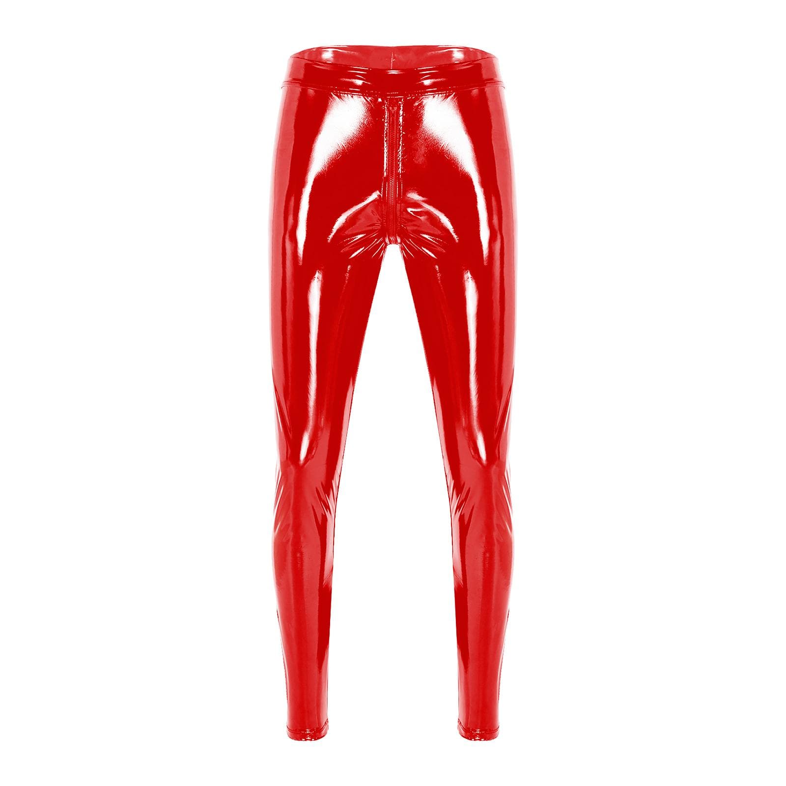 Mens Two Way Zipper Pants Wet Look Patent Leather Skinny Fit Clubwear M red