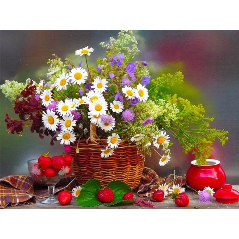 Diamond Painting of Cross Stitch Basket of Flowers Diamond Embroidery Needlework Round Drill 20X30CM