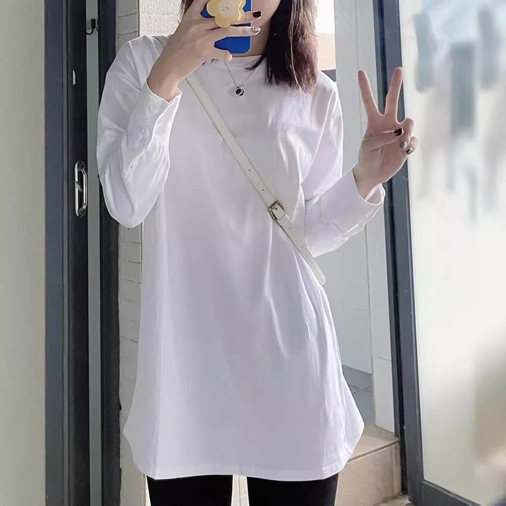 New Autumn and Winter New Chic White Long-sleeved T-shirt for Women's Mid-length Pure Cotton Base Shirt Top Fashionable Inner XXL white