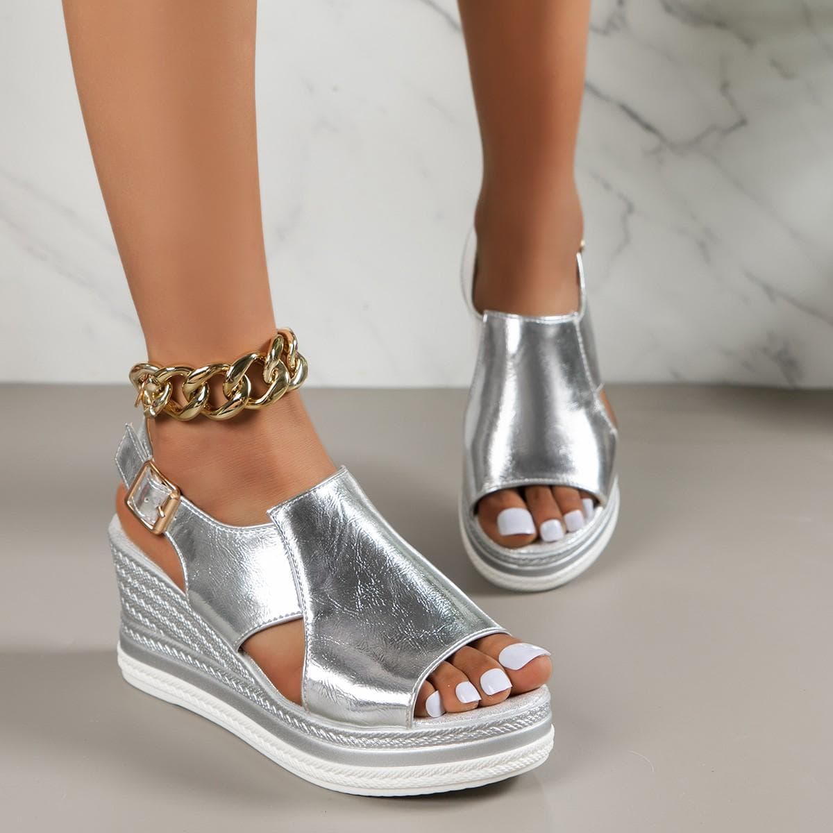 Cut Out Glitter Color Golden Silver Women Casual Wedges Sandals One Line Buckle Peep Toe Women Summer Beach Sandals 43 silver