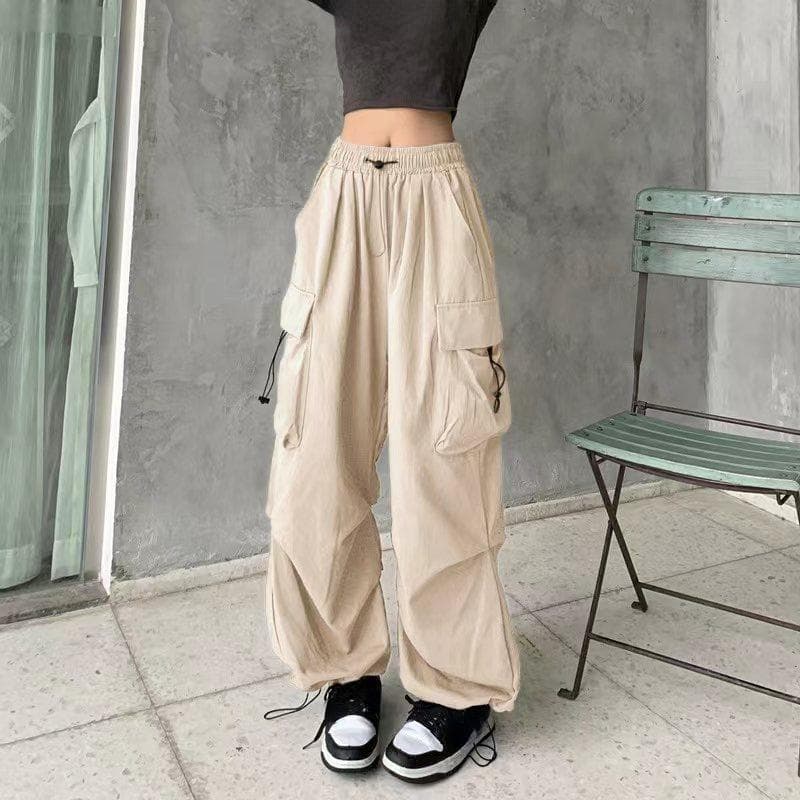 2023 Women Casual Joggers Tech Pants Solid Low Waist Pants Drawstring Wide Leg Baggy Trousers Y2k Streetwear Oversize Sweatpants M beige