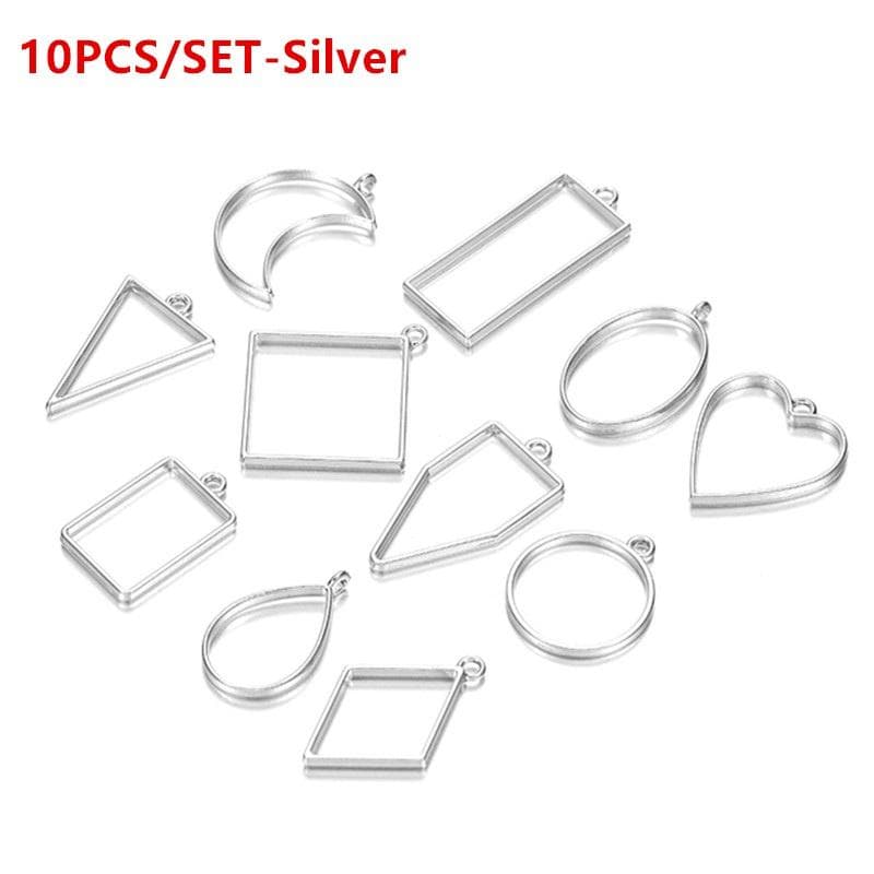 10pcs/lot Metal Geometric Hollow Frame Bezel Border Molds UV Epoxy Resin Molds For DIY Jewelry Making Findings Round Pendants 10PCS/SET-Silver