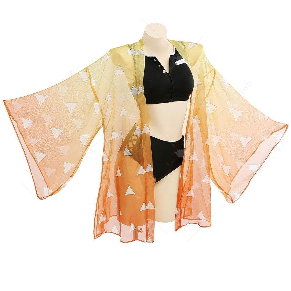 Haikyuu Agatsuma Tanjirou Kochou Shinobu Splitted Swimsuit Swimwear Bathing Suit with Strapped Butterfly-Printed Yarn Coat L yellow