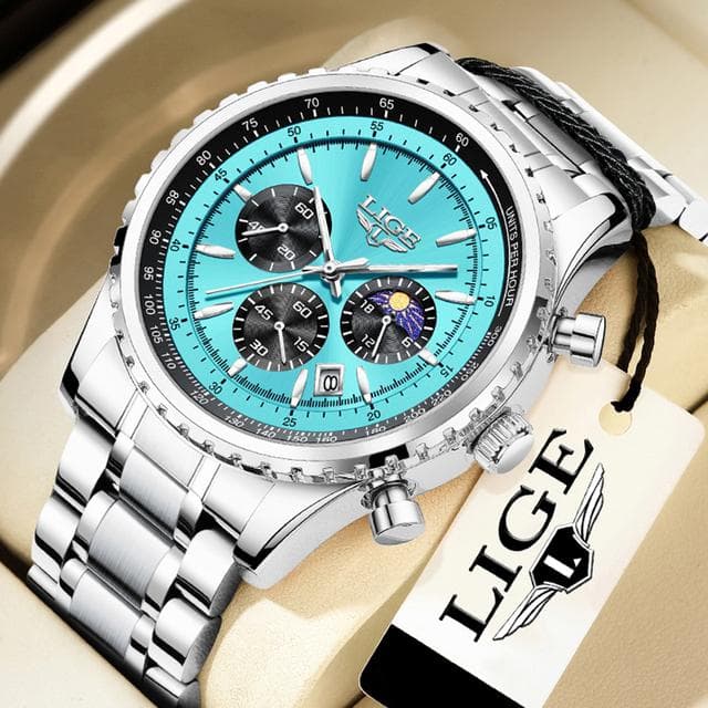 LIGE New Men's Watches Top Brand Luxury Men Wrist Watch Leather Quartz Watch Sports Waterproof Date Chronograph silver/light blue