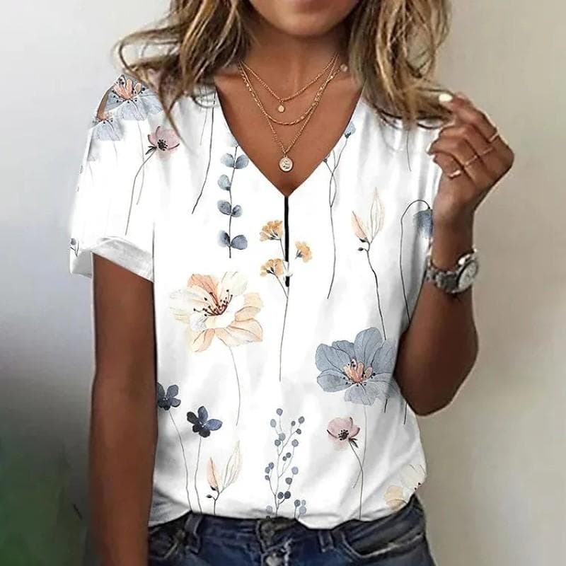 Fashion Women'S T-Shirt 3d Flowers Print Clothing V-Neck Short Sleeve Tops Summer Harajuku Ladies Pullover Oversized Female Tees 7XL