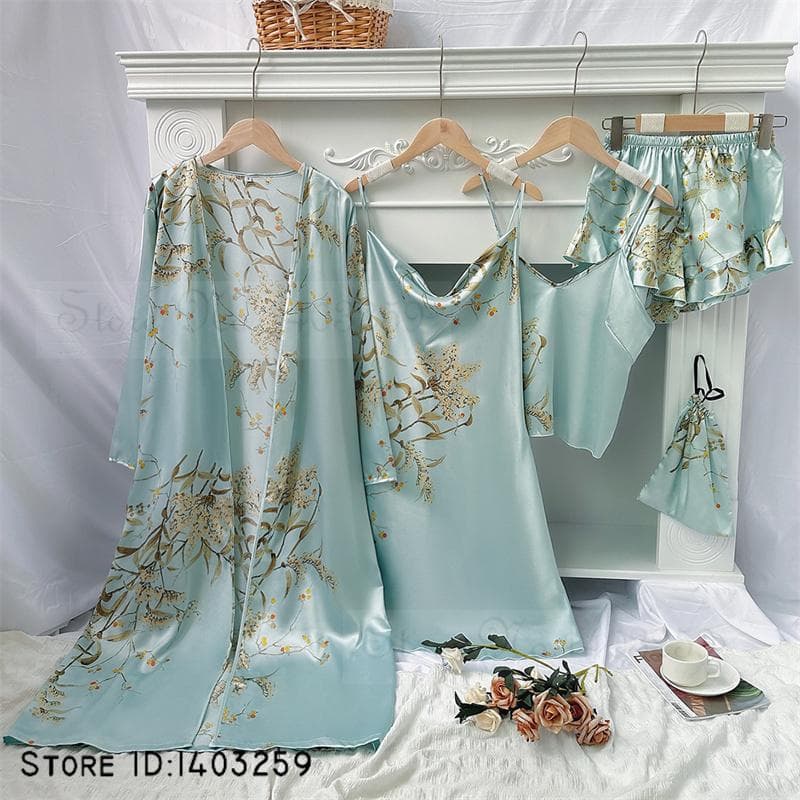 New Female 4PCS Pajamas Set Spring Summer Satin Sleepwear Intimate Lingerie Print Cherry Flower Nightgown Loose Home Clothes S