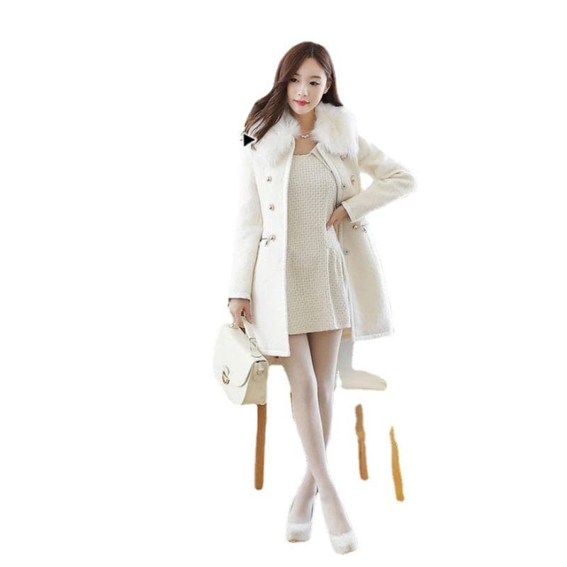 Autumn and Winter Mid-length Women's Woolen Coat Nizi Slim Fur Collar Coat XL white