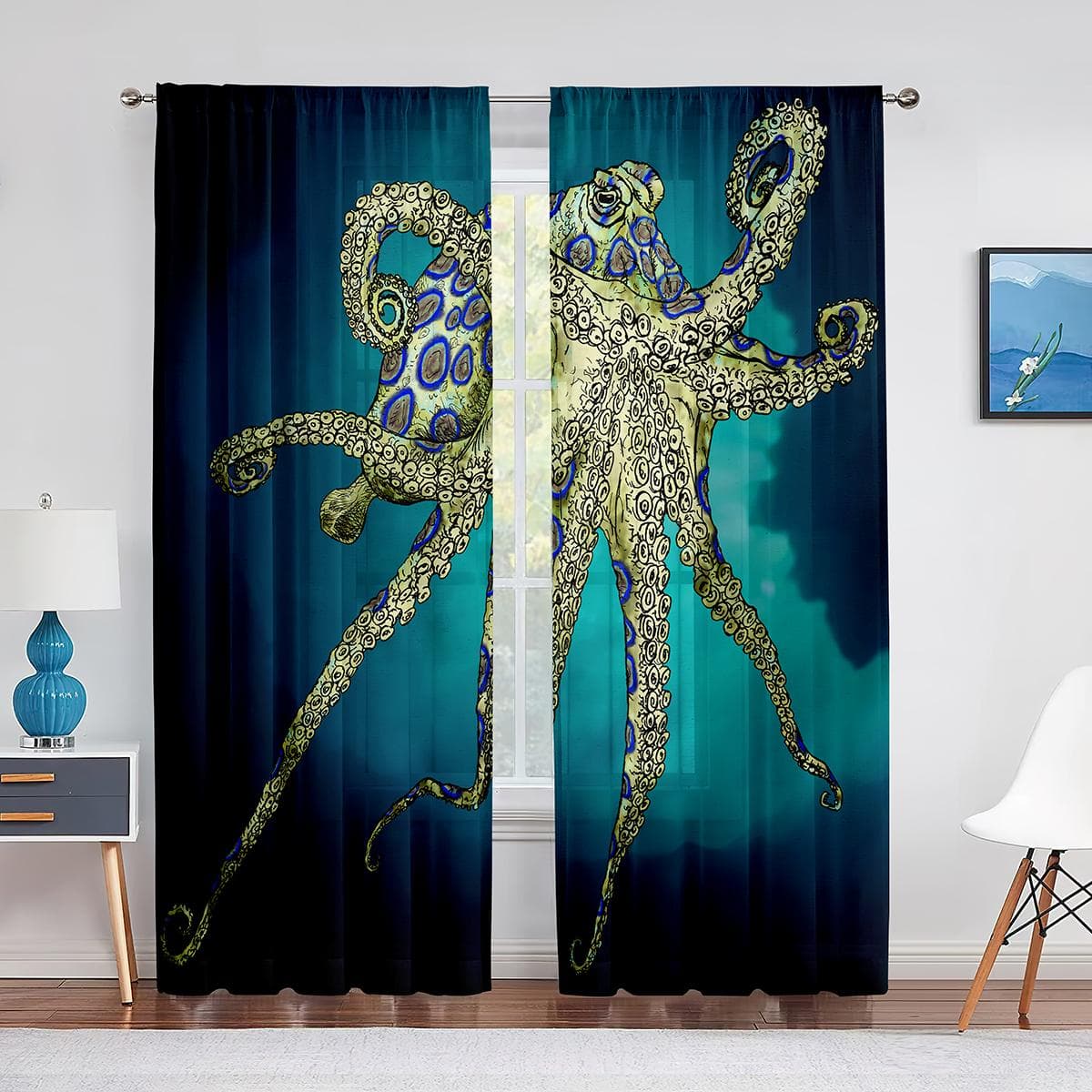 Ocean Kraken Blue Octopus Tentacles Marine Life Tulle Curtains for Living Room Bedroom Sheer Voile Window Curtains Party Drapes 1 PCS W300XH250cm&Grommet Top