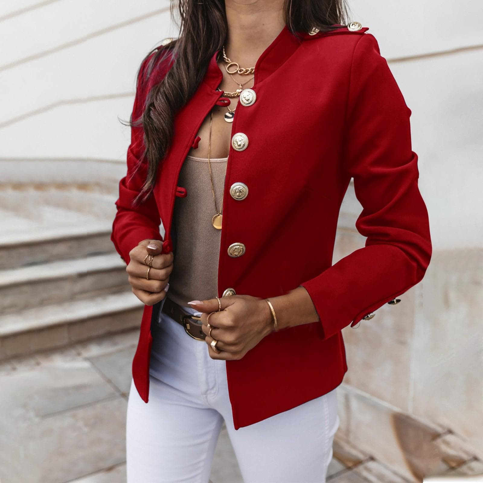 Women's Casual Solid Color Long Sleeve Slim Breasted Small Suit Short Jacket M red