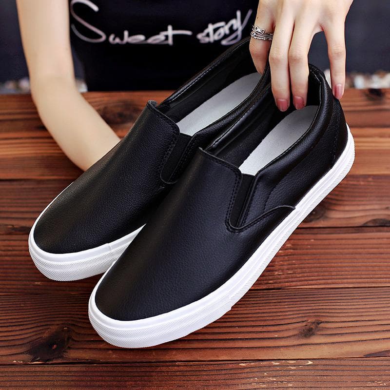 Slip-On White PU Leather Shoes Canvas Leisure Sneaker Muffin Platform Students Outdoor Shoes 39 black