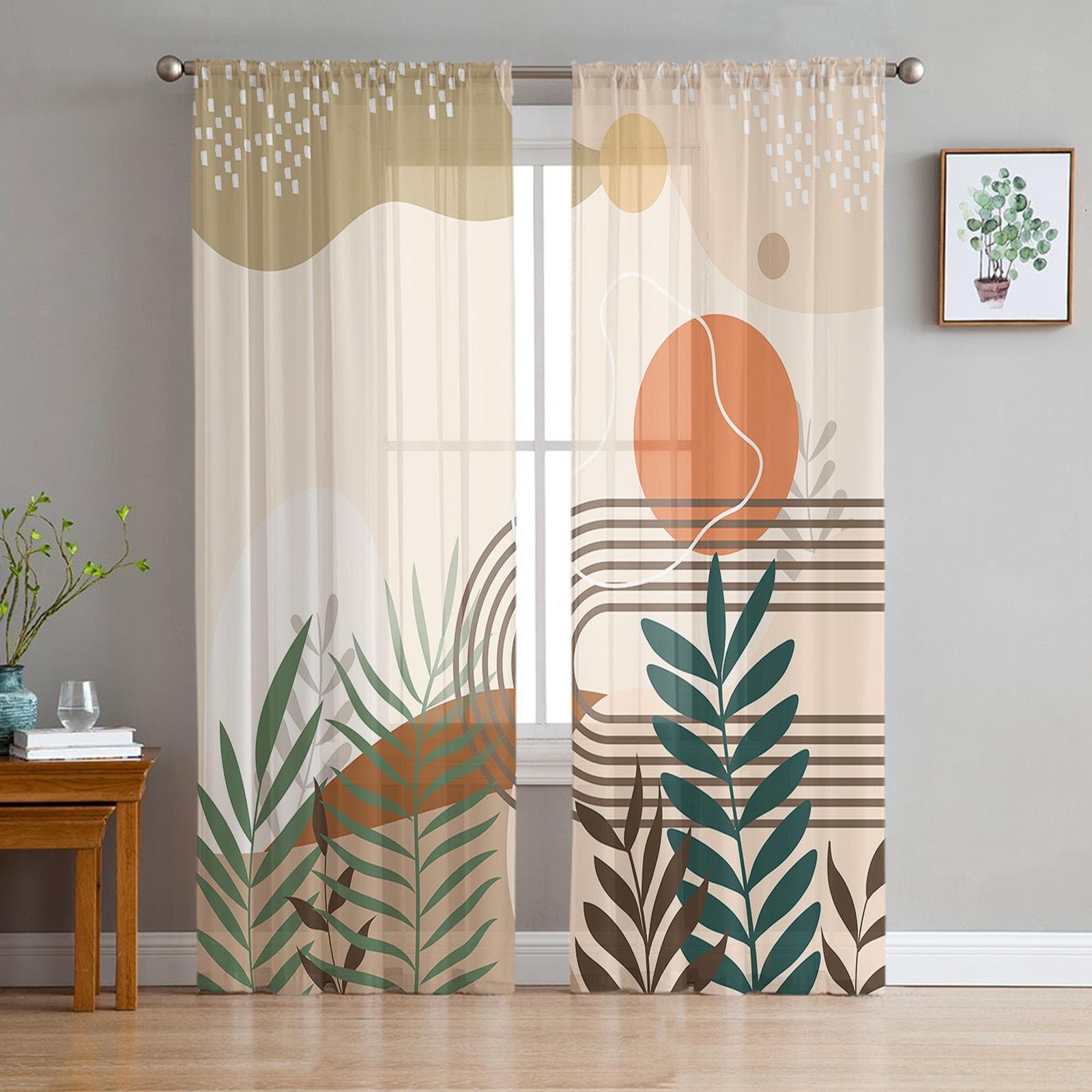 Bohemian Abstract Wind Leaf Plants Bedroom Curtains Tulle Sheer Curtain Living Room Home Decor Voile Drapes 135W x 114H(cm)