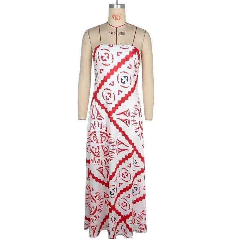 Women's Clothing New Summer Printed Loose Casual Sexy Strapless Dress Beach Vacation Skirt XL red