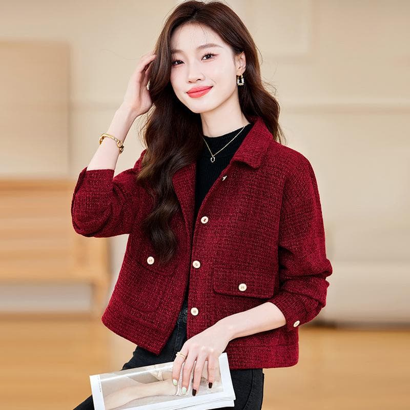 POLO Collar Small Fragrant Short Jacket Autumn and Winter New Casual Versatile Simple Single-breasted Top 2XL red