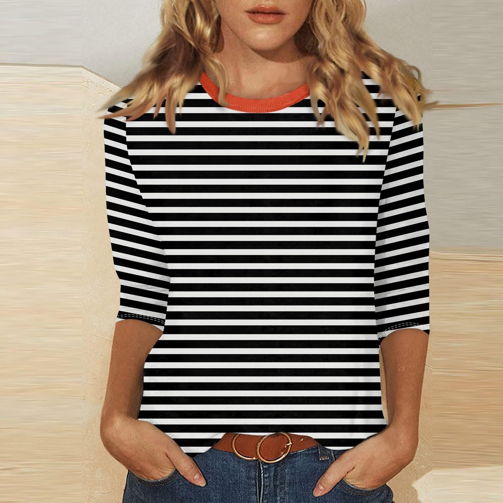 Women's Casual 3/4 Sleeve T-Shirts C Rew Neck Tops XXL black