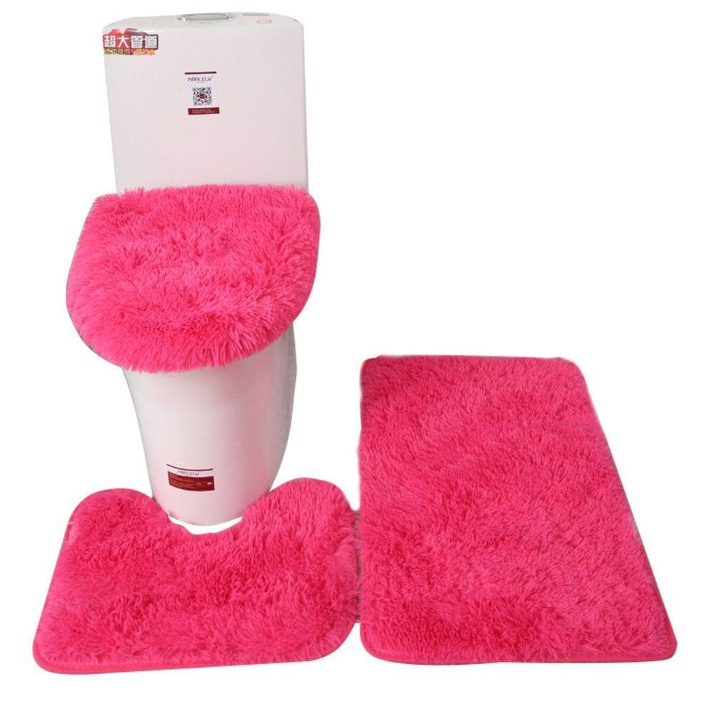 3pcs/set Fluffy Hairs Toilet Lid Cover Rugs Solid Color Shower Carpets Sets Shower Room rose red