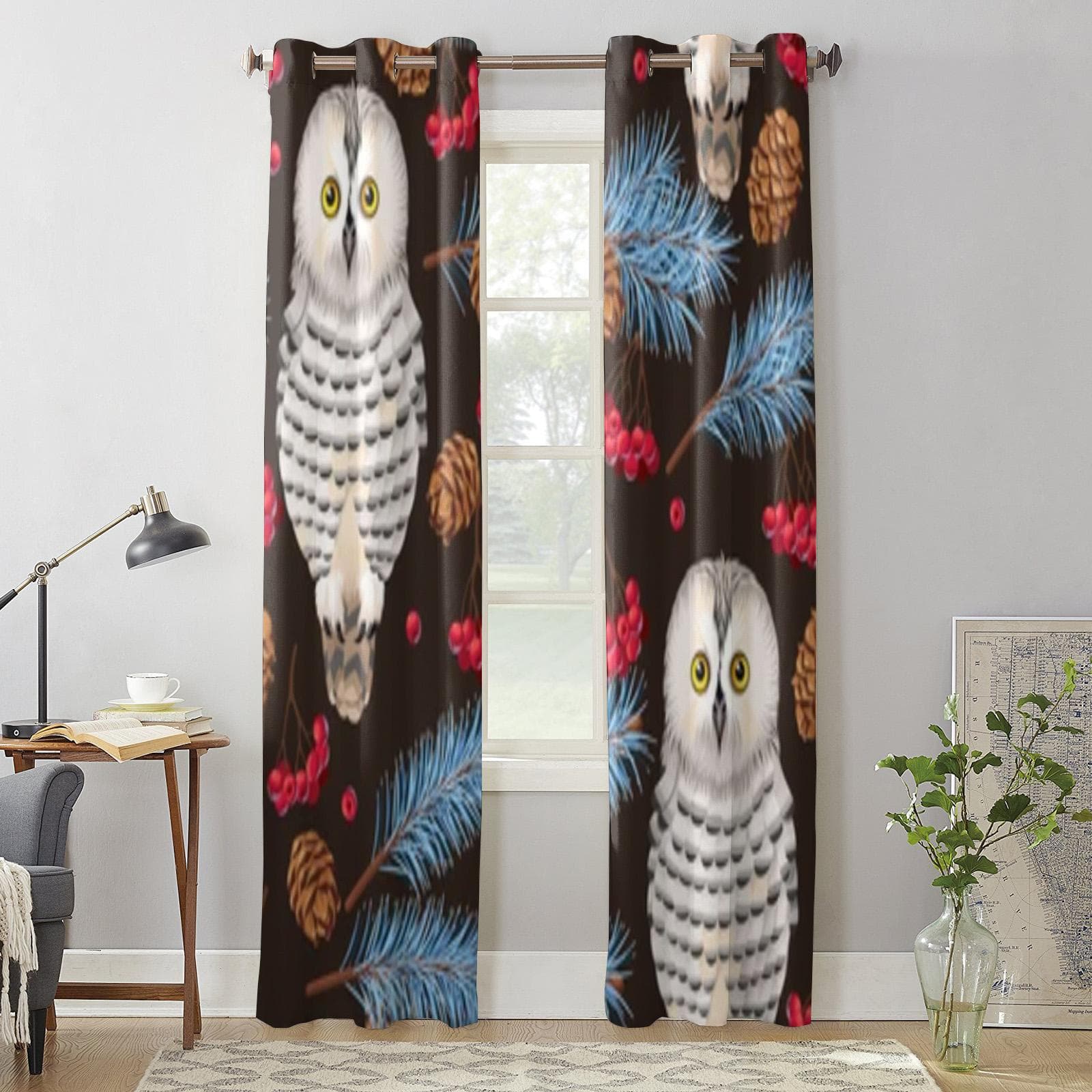 Owl And Fir Branches Window Curtain For Kids Room Home Blinds Curtains For Living Room Bedroom Window Drapes 135W x 60H(cm) x1
