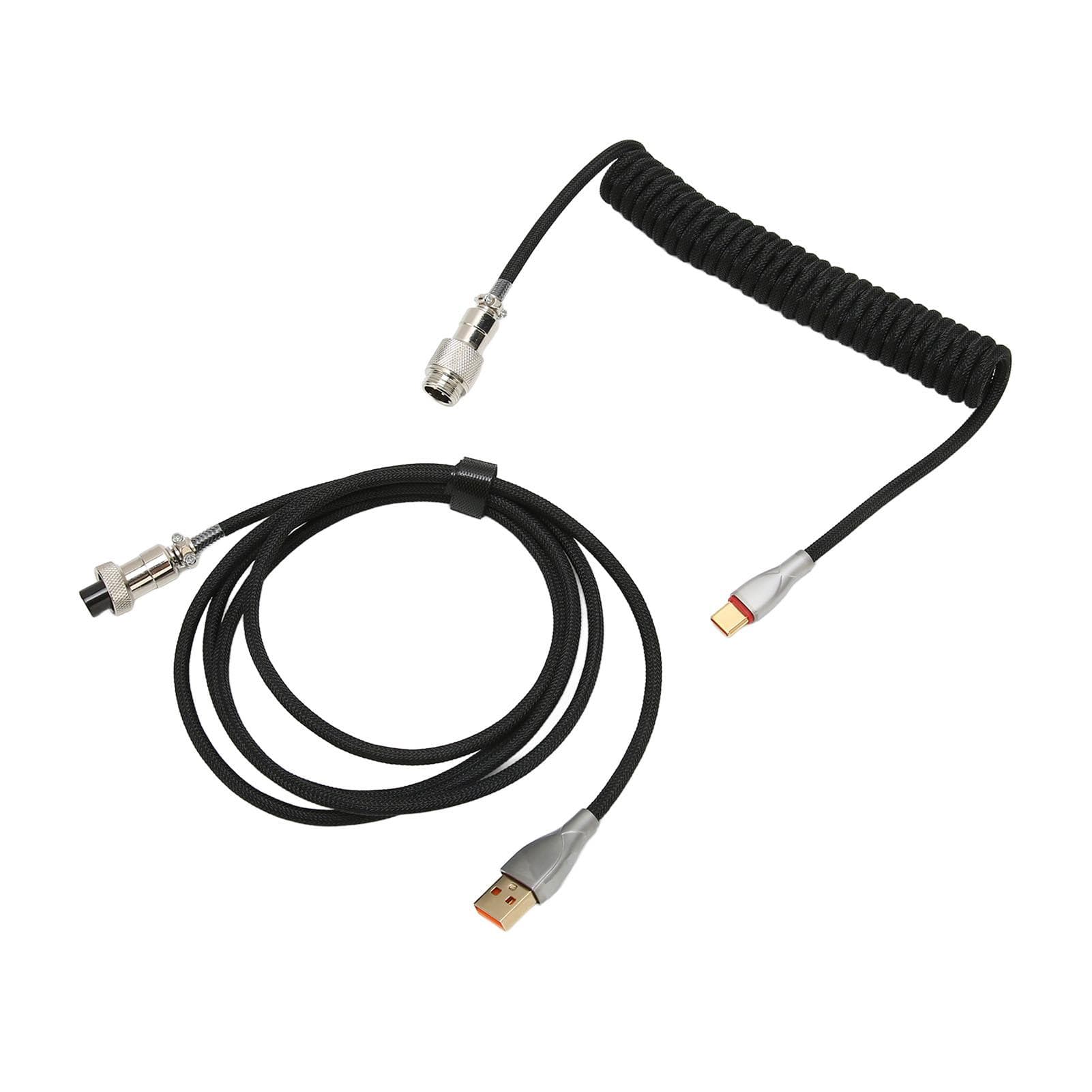 Mechanical Keyboard Cable Double Sleeve Custom Coiled with Detachable Metal Aviation USB C to USB A black