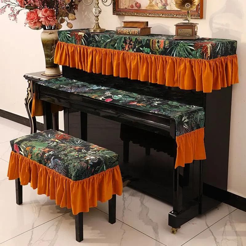 American Flower Pattern Piano Short Protective Cover Ruffle Edge Velvet Piano Dust Proof Towel Pleated Edge Jacquard Bench Cover key towel 30x180cm