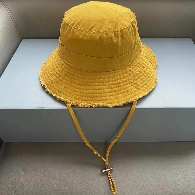 Designer Fisherman Hat Personalized Trend Letters Wide Eave Cap Summer Solid Color Sunproof Hanging Rope Bucket Hat For Adults M 56-58cm yellow