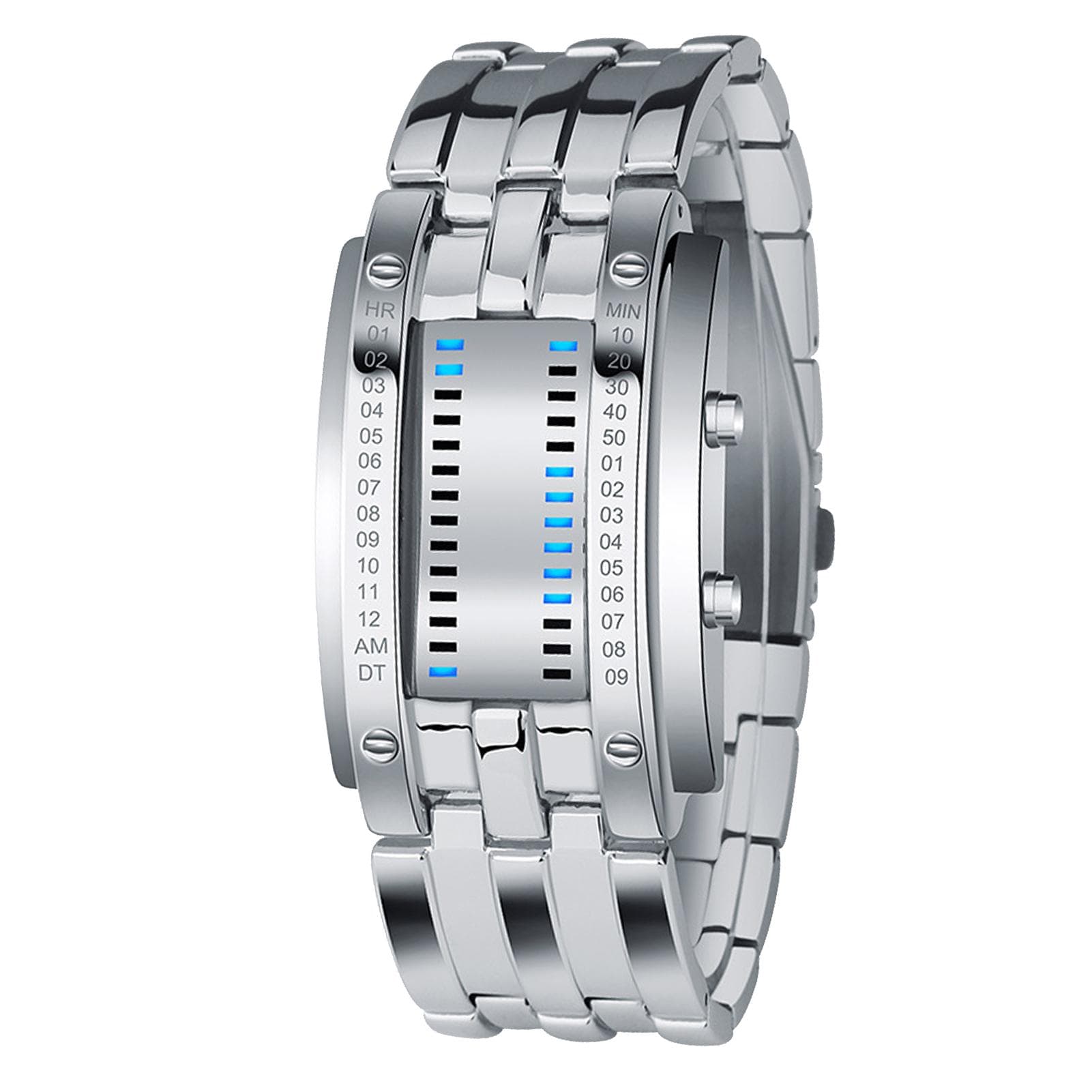 Mens Binary Watch Casual Sports Blue Backlight Fashion Quartz Movement LED Digital Wristwatch for silver